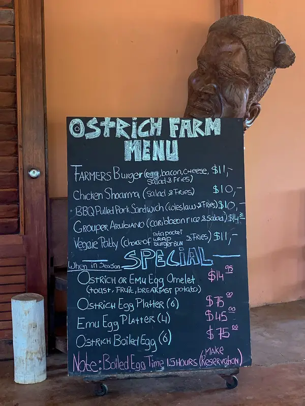 menu for the restaurant at the Aruba Ostrich Farm