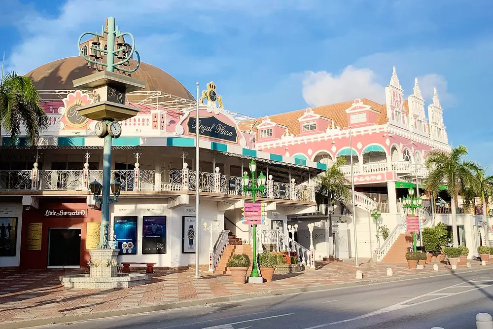 pink and white colored Royal Plaza Mall in Oranjestad, Aruba