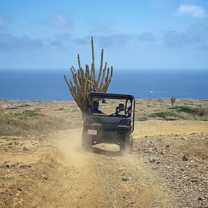 all-terrain vehicle driving on a dirt road in Arikok National Park