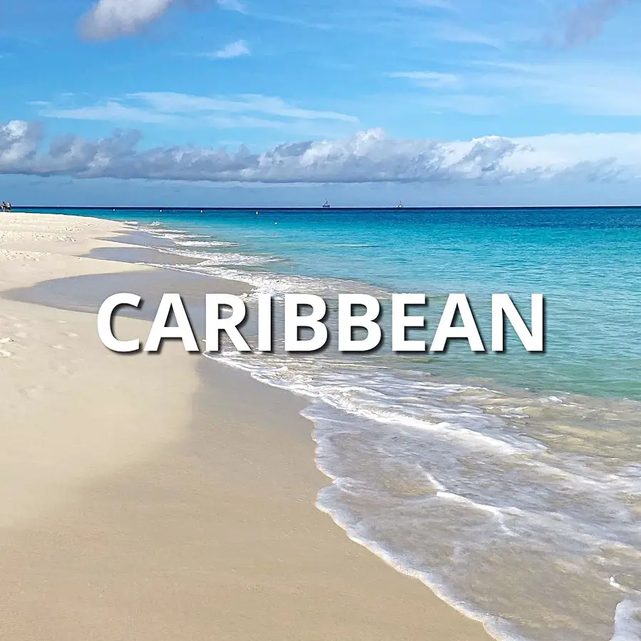 photo of a beach with the word “Caribbean” typed across it