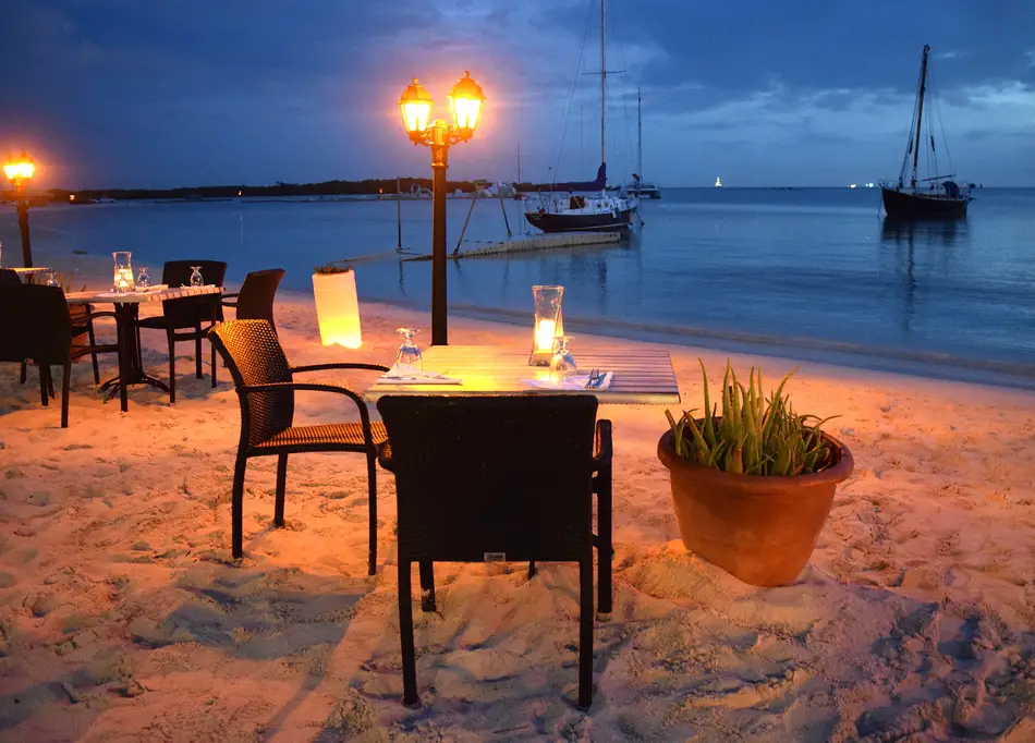 tables on the beach at Barefoot Restaurant in Aruba