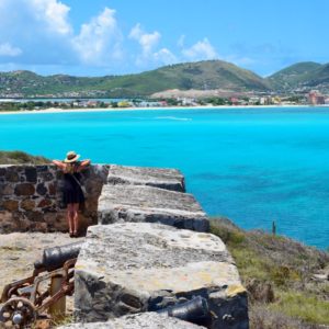 woman at Fort Amsterdam in St. Maarten overlooking Philipsburg and Great Bay